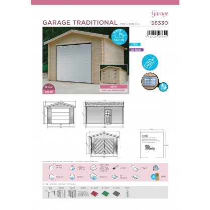 Garage bois 28 mm 18,19 m - porte sectionnelle - 358 x 508 cm - S8330