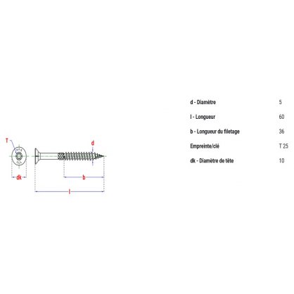 Vis  bois  5x60 mm Torx25