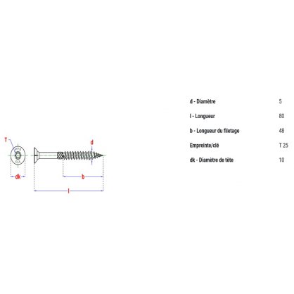 Vis  bois 5X80 mm Torx 25