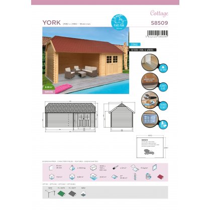 Abri de jardin bois YORK 8,88m S8509 - 298 x 298+364 cm