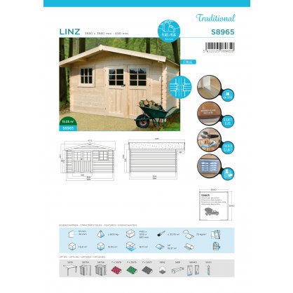 Abri de jardin en bois 34 mm LINZ - 388 x 388 cm - 15,05 m