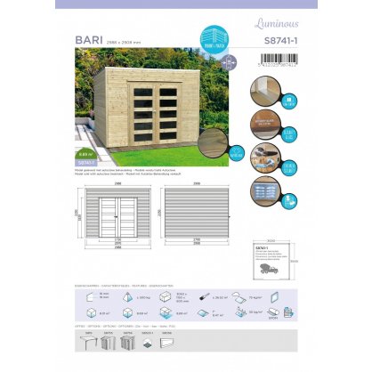 Abri jardin en bois trait BARI 19 mm  8,69 m avec toit plat