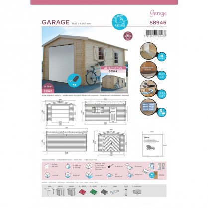 Garage bois 40 mm 19,26 m - porte motorise - 358 x 538 cm