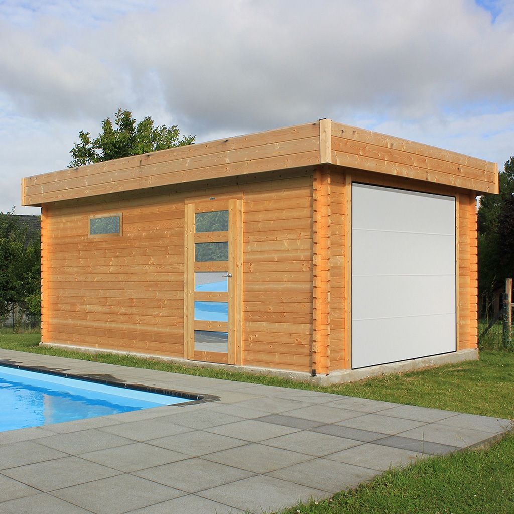 Garage en bois brut 40 mm avec porte sectionnelle motorisée