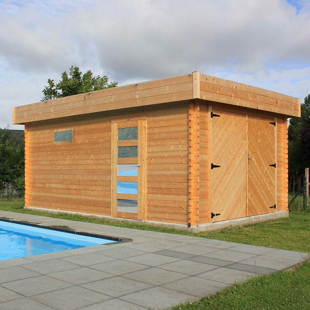 Garage toit plat Modern en bois brut avec double porte