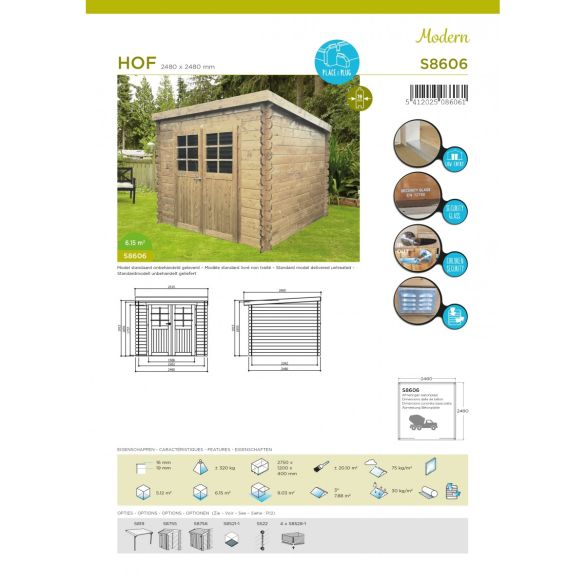 Abri toit plat 19 mm HOF 248x248 cm 6,15 m² - S8606