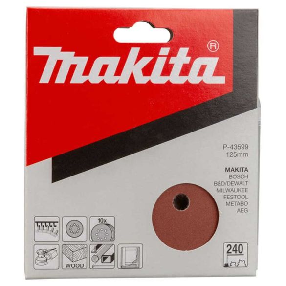 10 Disques abrasifs grain 240 Ø 125 mm - 8 trous (bois/métal) | Makita P-43599