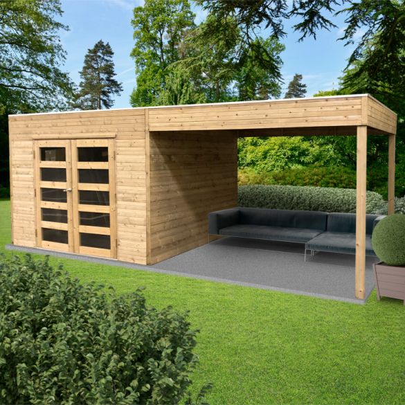 Abri jardin bois traité 8,69 m² TARENTO 291 x 287 cm + Pergola 299 cm – S8742-1