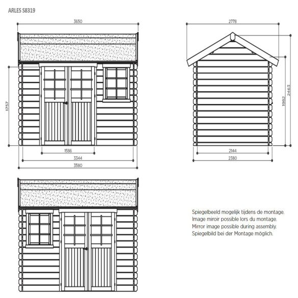 Abri de jardin 28 mm bois brut ARLES 358x238 cm - 8,52 m² - S8319 SOLID