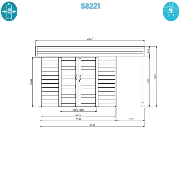 Abri jardin 28 mm avec auvent LARVIK 8,17m² - 333+121x245 cm - S8221 SOLID