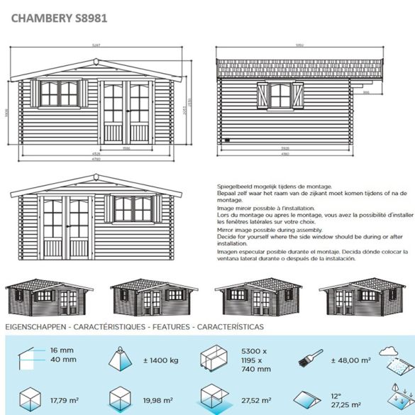 Chalet de jardin bois 40 mm CHAMBERY 478 x 418 cm + auvent 99 cm - 19,98 m² - S8981
