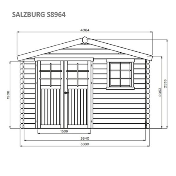 Chalet en  bois brut 34mm SALZBURG 388x298 cm - 11,56m² - S8964 SOLID
