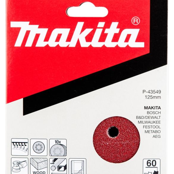 10 Disques abrasifs velcro Ø 125 mm - Grain 60 - 8 trous (bois/métal) | Makita P-43549
