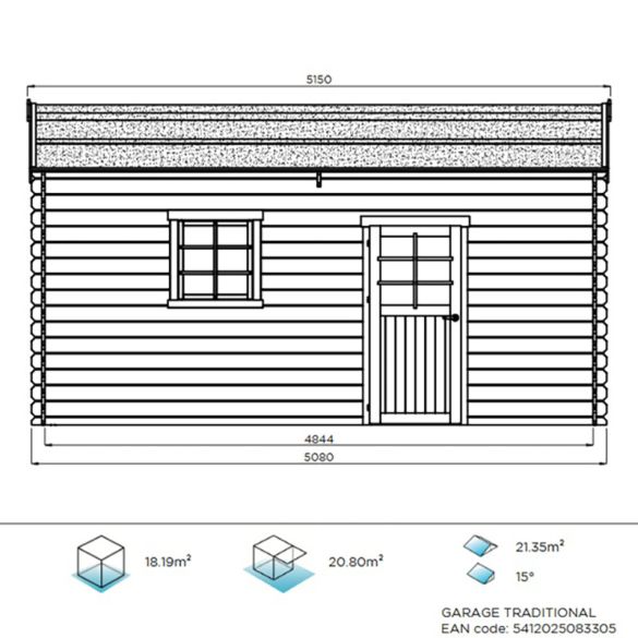 Garage bois brut 28 mm 18,19 m² Porte motorisée  358x508 cm - S8330 Solid