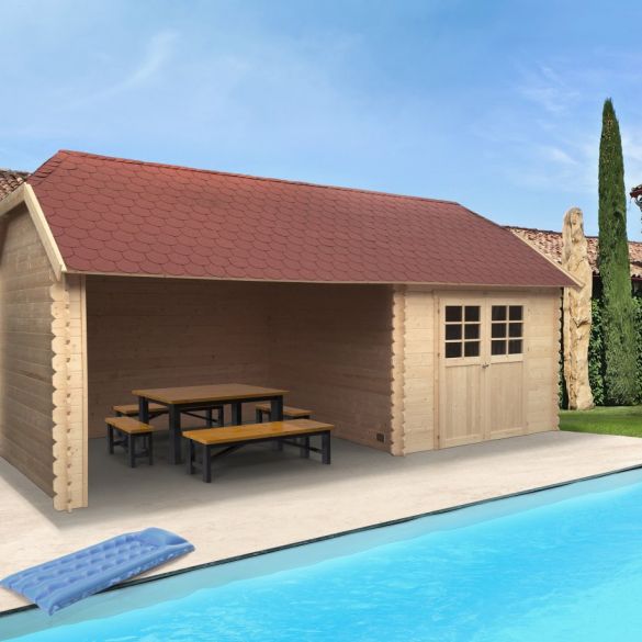 Abri bois 28 mm YORK 298x298 cm + Terrasse couverte 364 cm - S8509