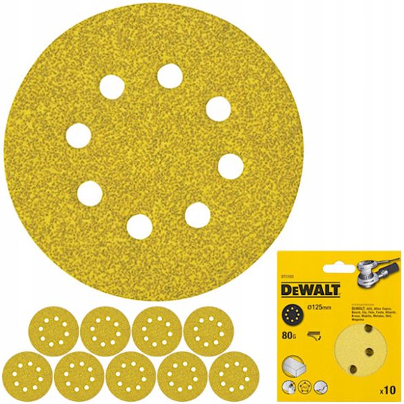 10 disques abrasifs velcro Ø 125 mm grain 80 pour ponceuse excentrique  - DT3103 DeWalt