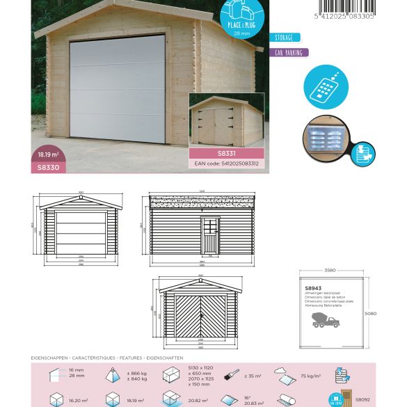 Garage bois brut 28 mm 18,19 m² Porte motorisée  358x508 cm - S8330 Solid