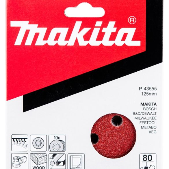10 Disques abrasifs velcro Ø 125 mm - Grain 80 - 8 trous (bois/métal) | Makita P-43555