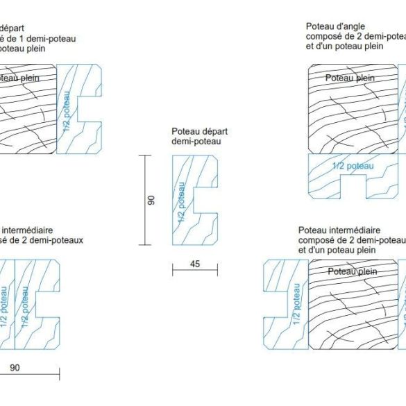 Demi poteau bois 90x45 mm L. 2,40 m - 2 rainures 22 mm -  Classe 4 marron