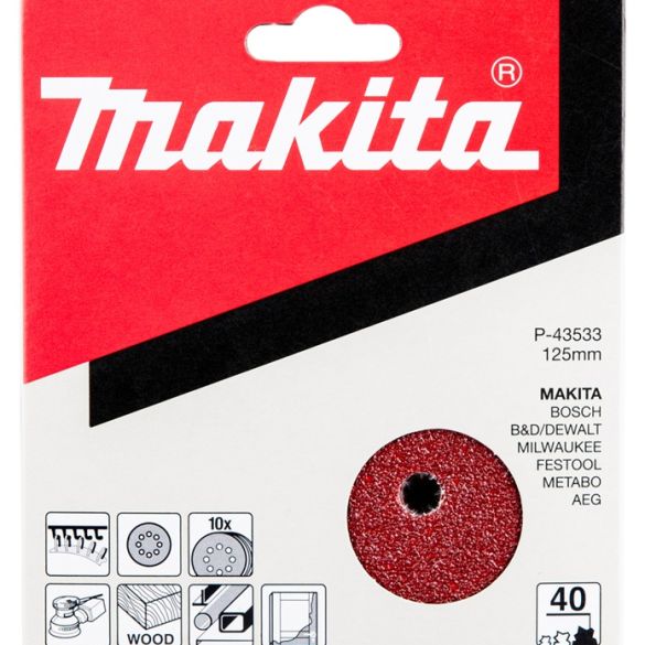 10 Disques abrasifs velcro Ø 125 mm - Grain 40 - 8 trous (bois/métal) | Makita P-43533