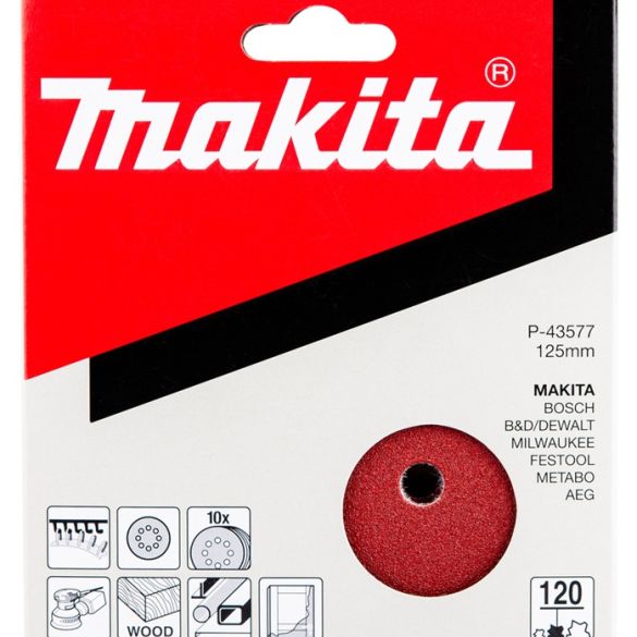 10 Disques abrasifs velcro Ø 125 mm - Grain 120 - 8 trous (bois/métal) | Makita P-43577