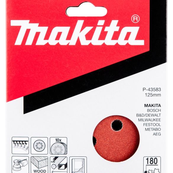 10 Disques abrasifs grain 180 - Ø 125 mm - 8 trous (bois/métal) | Makita P-43583