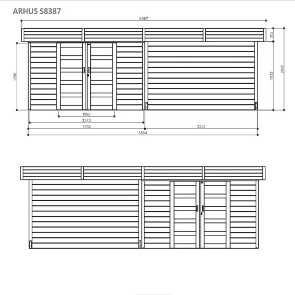 Abri bois 28 mm avec pergola ARHUS 8,17m² - 333 + 322x245 cm - S8387