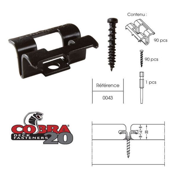 Clips invisibles Cobra pour terrasse bois composite - Sachet 90pcs + vis inox 4x30mm