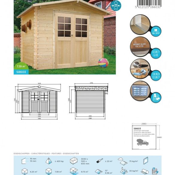 Abri de Jardin en Bois AMBERG 7,39 m² - 298 x 248 cm -S8603