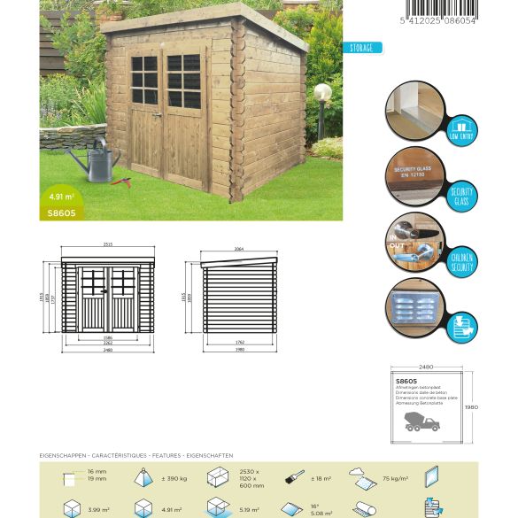 Abri en bois STENDAL 248 x 198 cm - 4,91 m²- S8605