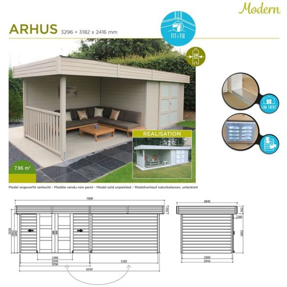 Abri avec pergola ARHUS 7,96m² - 3296 + 3263 x 2416 cm