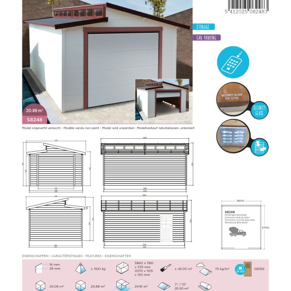Garage bois 28 mm Torino 20,88 m² 570x360 cm