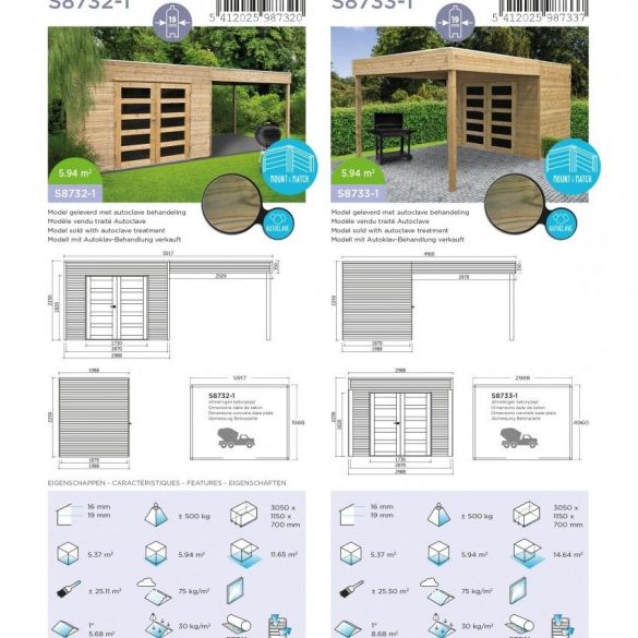 Abri jardin bois traité POTENZA 2970 + 2988x1998 mm - toit plat