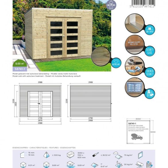 Abri de jardin en bois traité BARI 19 mm – 8,69 m² avec toit plat