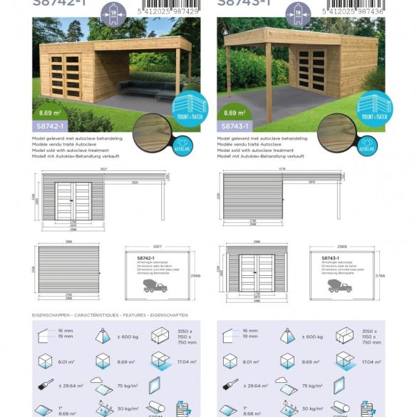 Abri jardin traité 19 mm TARENTO 2988 + 2929 x 2908 mm – avec pergola