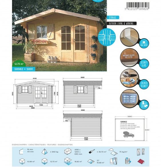 Abri de jardin 40 mm CHAMONIX 388 x 328 cm - 12,73 m²