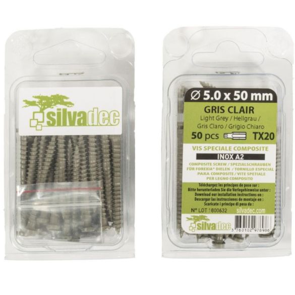 Vis inox 5x50 mm Gris pour terrasse composite SILVADEC - Blister de 50 pcs