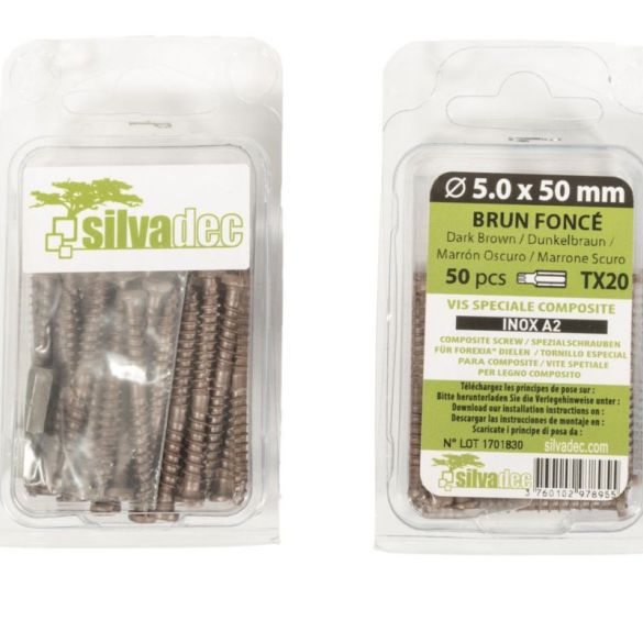 Vis inox 5x50 mm Brun pour terrasse composite SILVADEC - Blister de 50 pcs