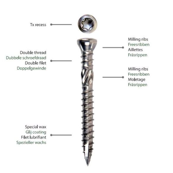 Vis terrasse double filetage A2 inox Ø5x70 mm pour bois dur - Bte 200 vis 