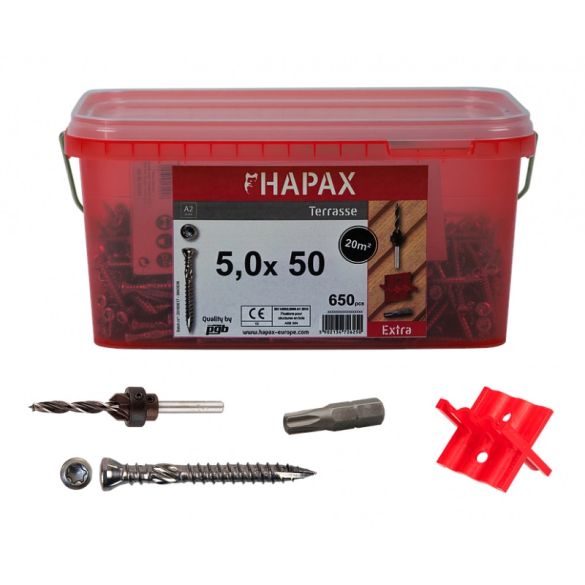 Kit de fixation terrasse bois dur DECK D 5x50 mm HAPAX - 650 vis A2
