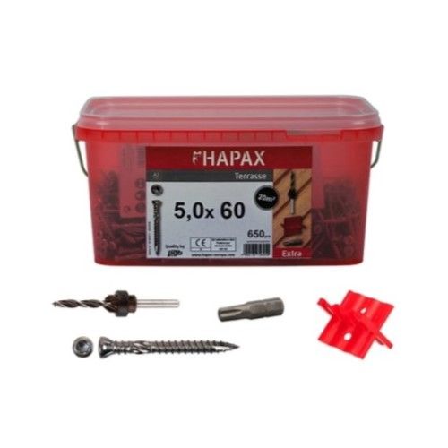 Kit fixation terrasse bois dur DECK-D 5x60 mm HAPAX - 650 vis inox A2