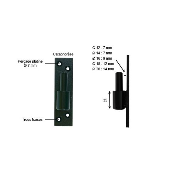 Gond de volet sur platine Ø 14 mm noir en acier