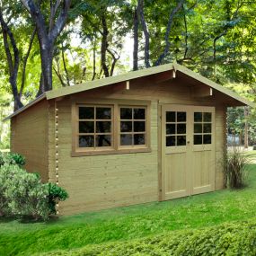 Abri de jardin en bois traité, modèle Niort, 418 x 298 cm + avancée de toit de 69 cm, surface 12,46 m²