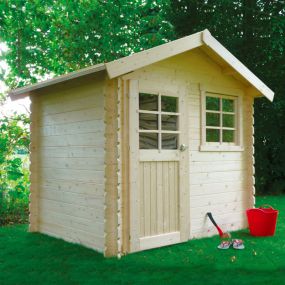 Abri de jardin Laval S815 installé dans un jardin, bois brut naturel