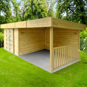 Vue de l'abri en bois non traité ARHUS S8387 avec pergola et toit plat