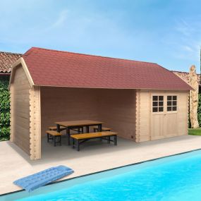 Abri de jardin 28 mm en bois FSC S8509 YORK 298 x 298 cm + Terrasse couverte 364 cm