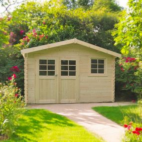 Abri de jardin bois Chimay 28 mm avec double porte vitrée et fenêtre, dimensions 358x298 cm