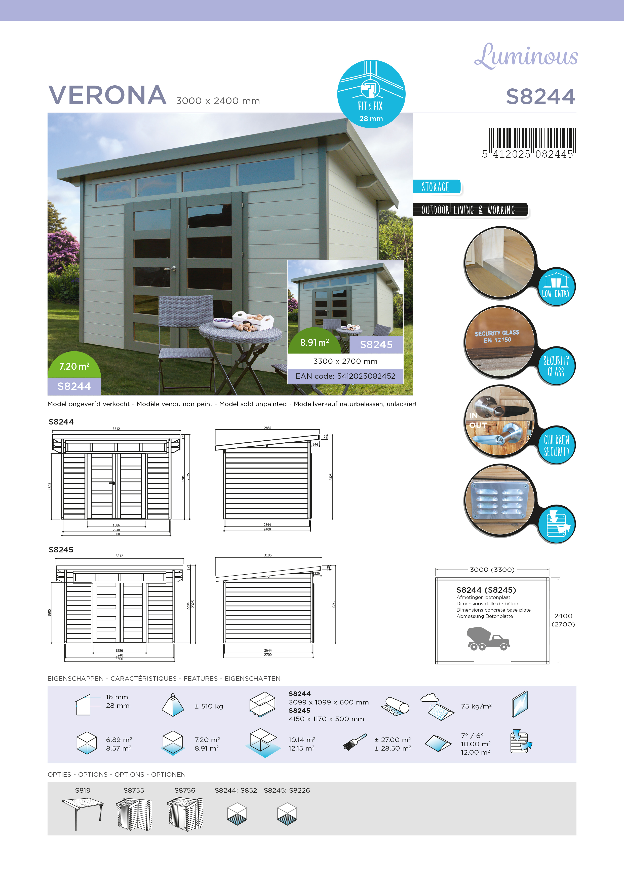 Abri jardin toit plat Solid Verona 7,20 m²