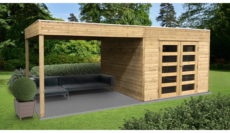 Abri de jardin en bois avec pergola LARISSA (28 mm), 5.2x2.7 m, 7 m² + 7 m²  Livraison rapide 3 - 5 semaines